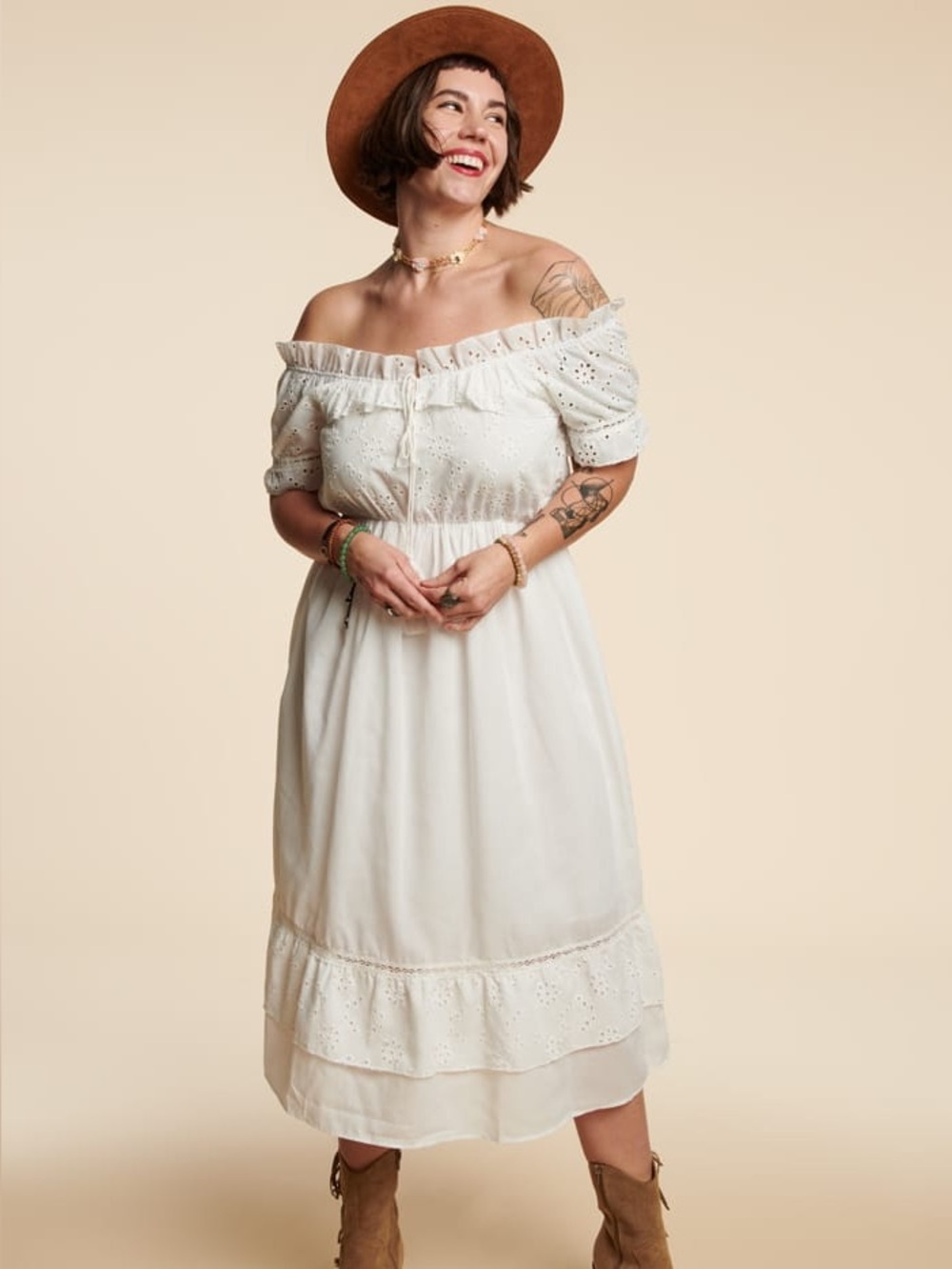 EARTHBOUND White Eyelet Ruffle Off The Shoulder Dress NWOT